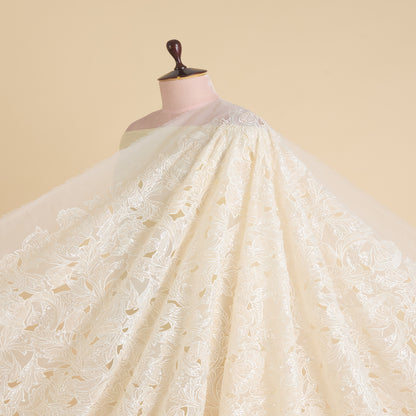 Cream Glass Tissue Cut-Work Jaal with Cut-Dana Sequin Embroidery Fabric