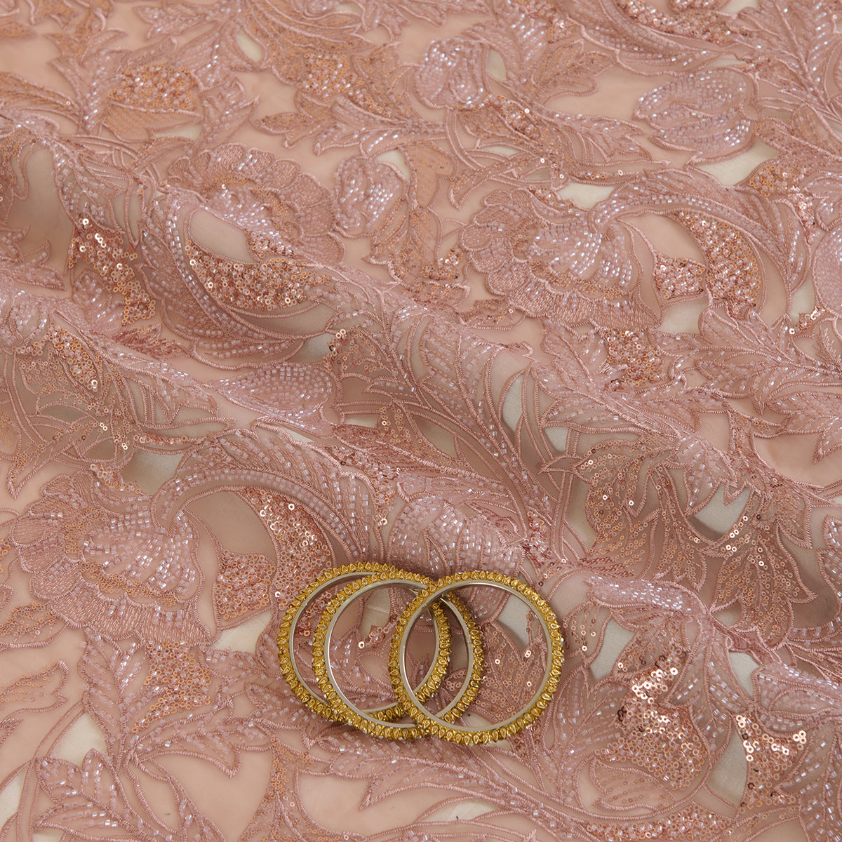 Dusty Pink Glass Tissue Cutwork Cutdana Sequin Embroidery Jaal Fabric