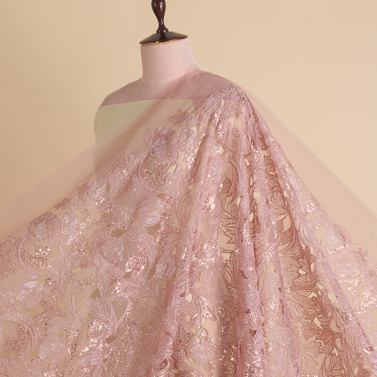Dusty Pink Glass Tissue Cutwork Cutdana Sequin Embroidery Jaal Fabric