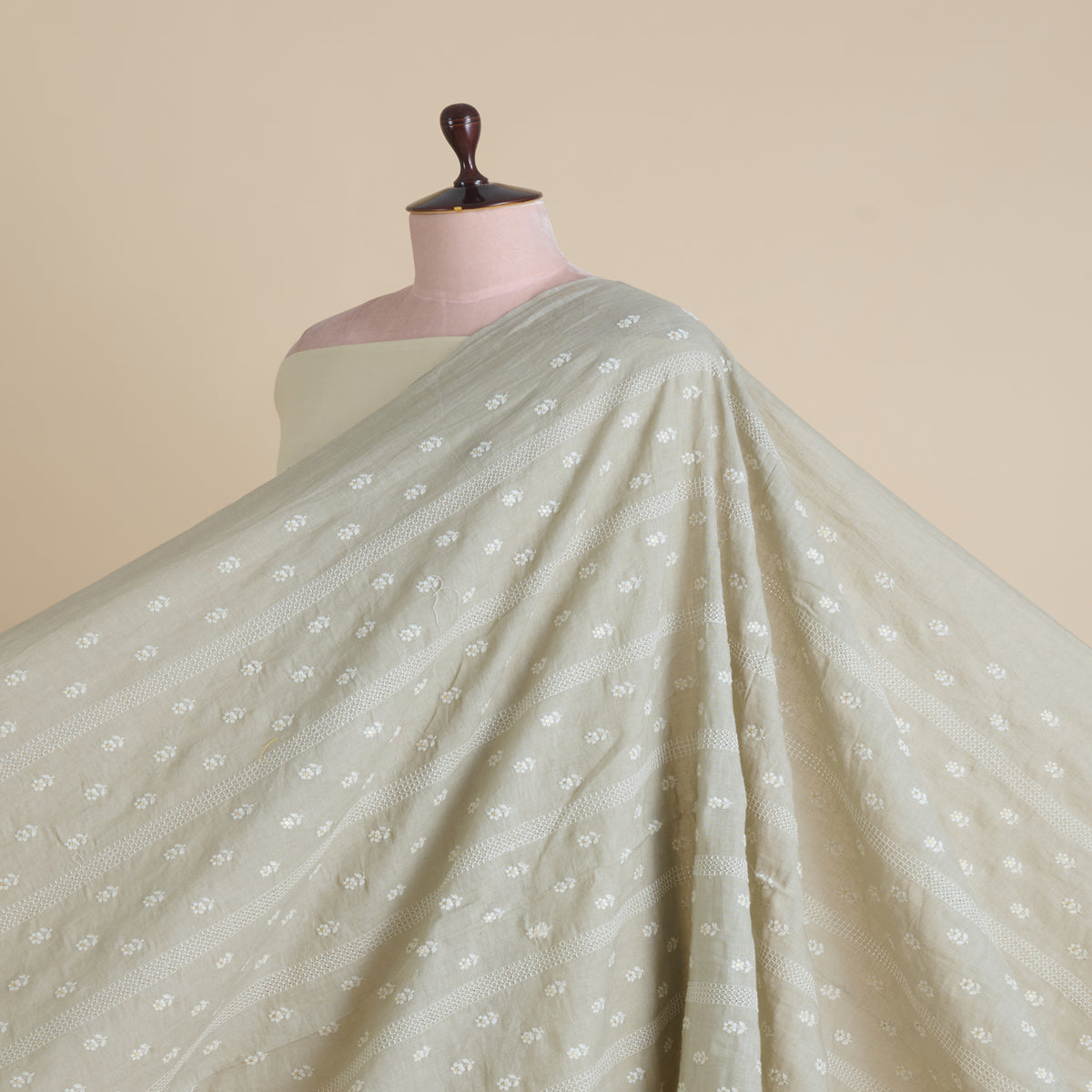 Grey Gauze Linen Resham Sequin Embroidered Stripes Buti Fabric