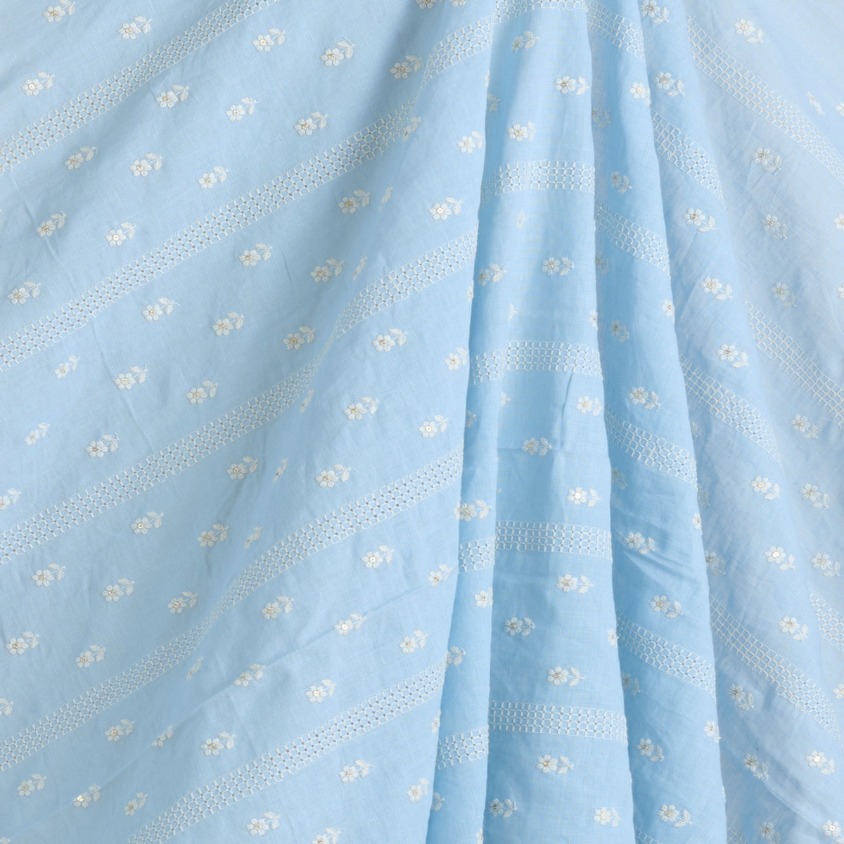 Powder Blue Gauze Linen Resham Sequin Stripes Buti Fabric