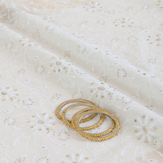 White Georgette Lucknowi Thread Badla Jaal Embroidery Fabric