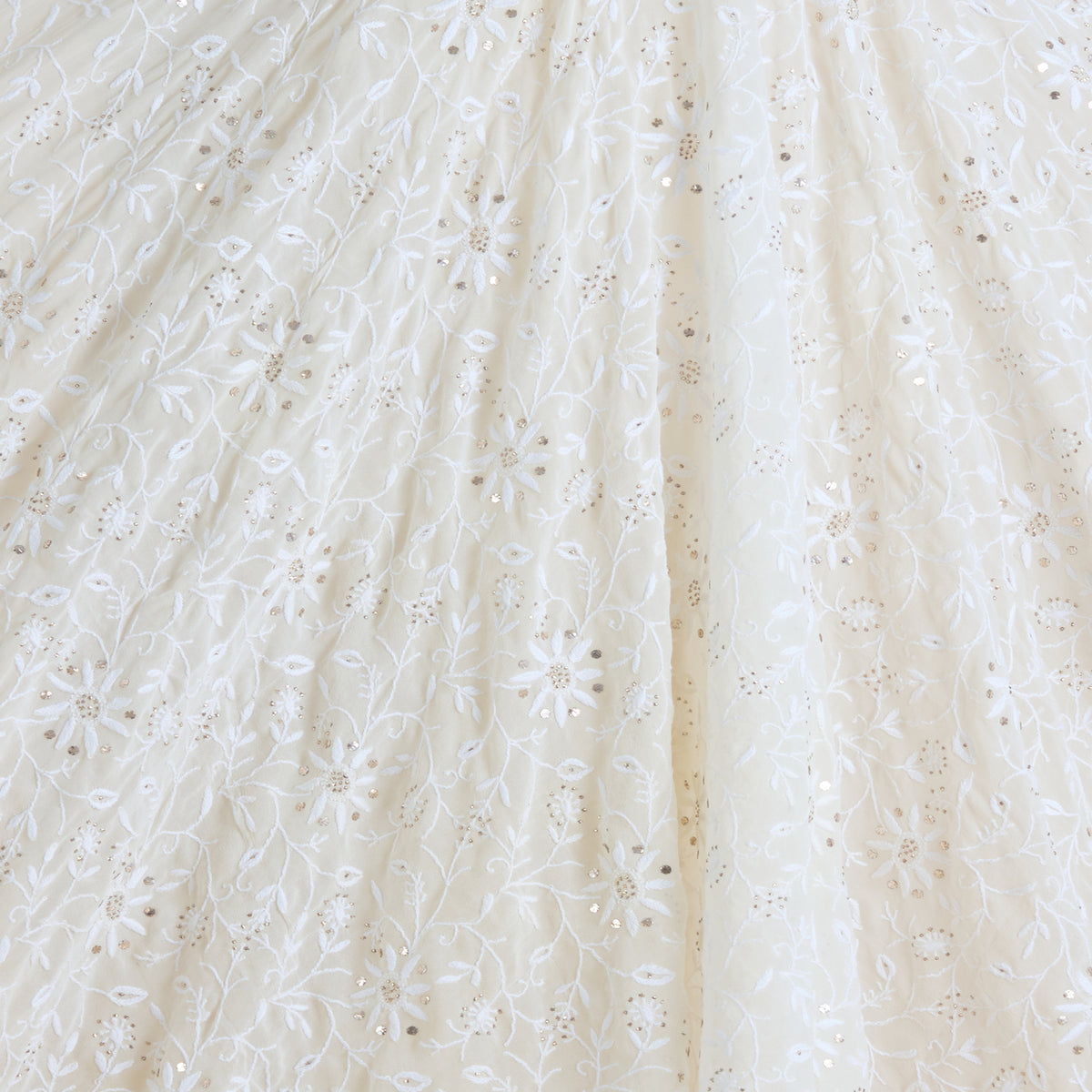 White Georgette Lucknowi Thread Badla Jaal Embroidery Fabric