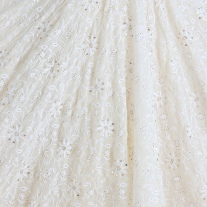 White Georgette Lucknowi Thread Badla Jaal Embroidery Fabric