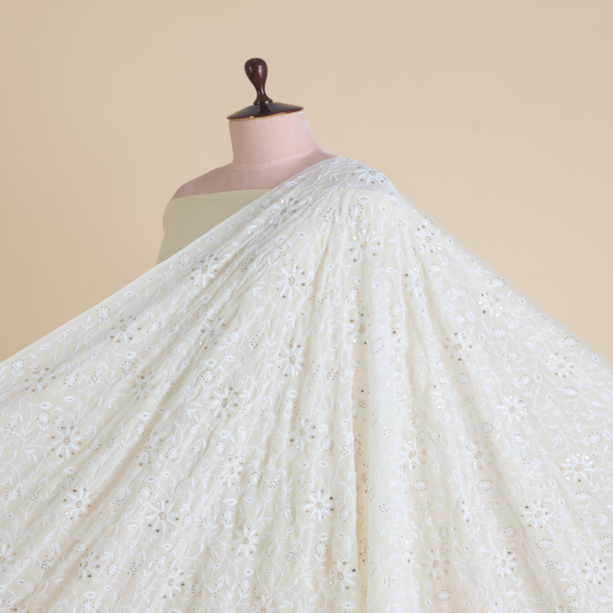 White Georgette Lucknowi Thread Badla Jaal Embroidery Fabric