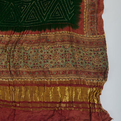 Bottle Green & Red Gajji Silk Bandhej Ajrakh Dupatta