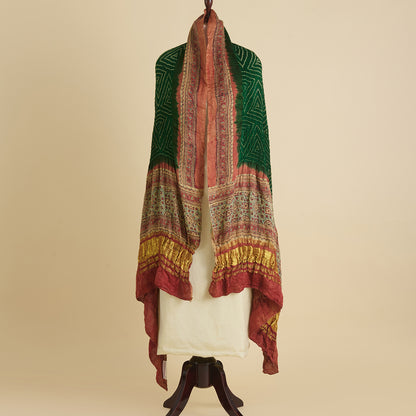 Bottle Green & Red Gajji Silk Bandhej Ajrakh Dupatta