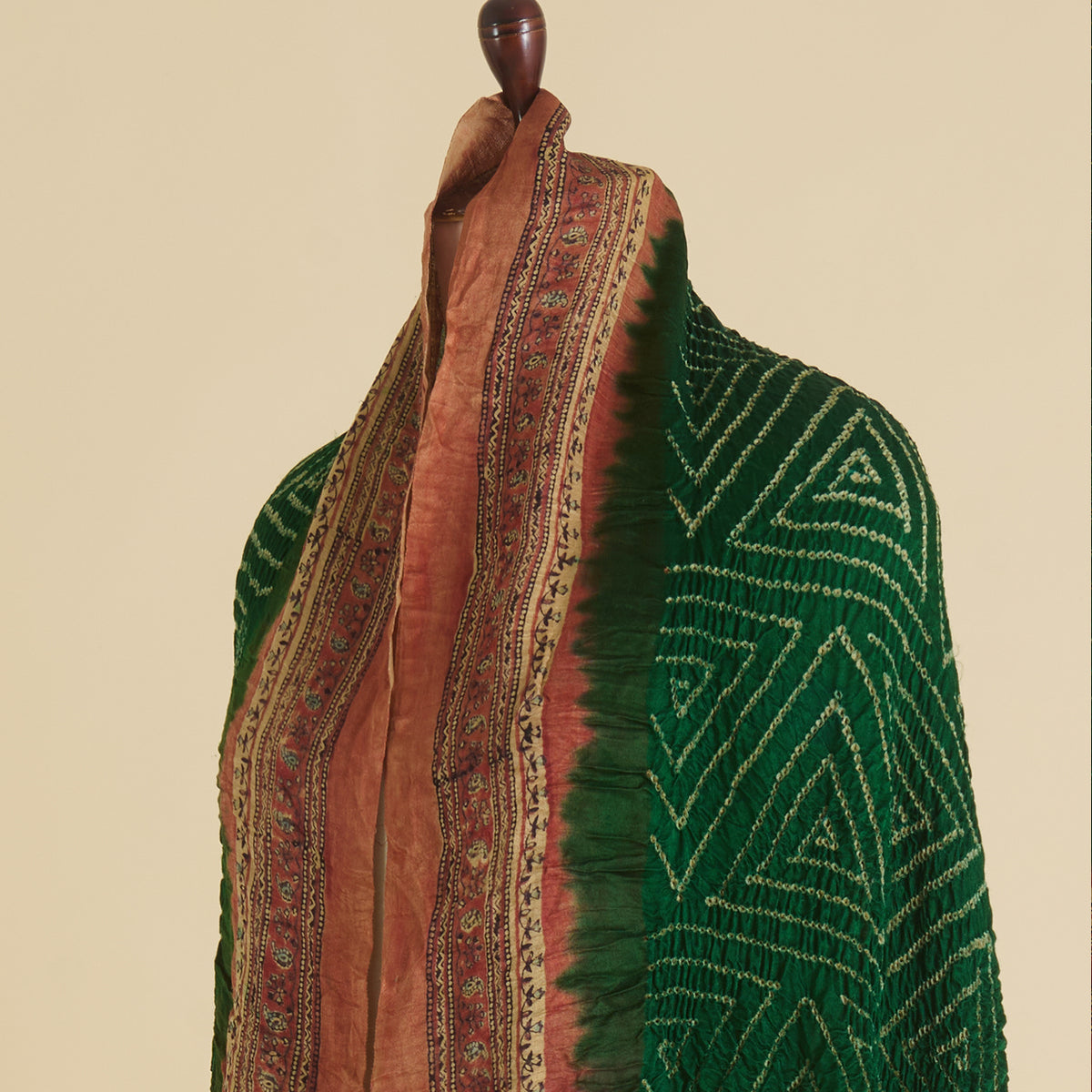 Bottle Green & Red Gajji Silk Bandhej Ajrakh Dupatta