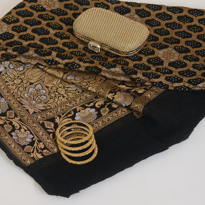 Black Georgette Bandhej Hand Woven Gold Geometric Dupatta