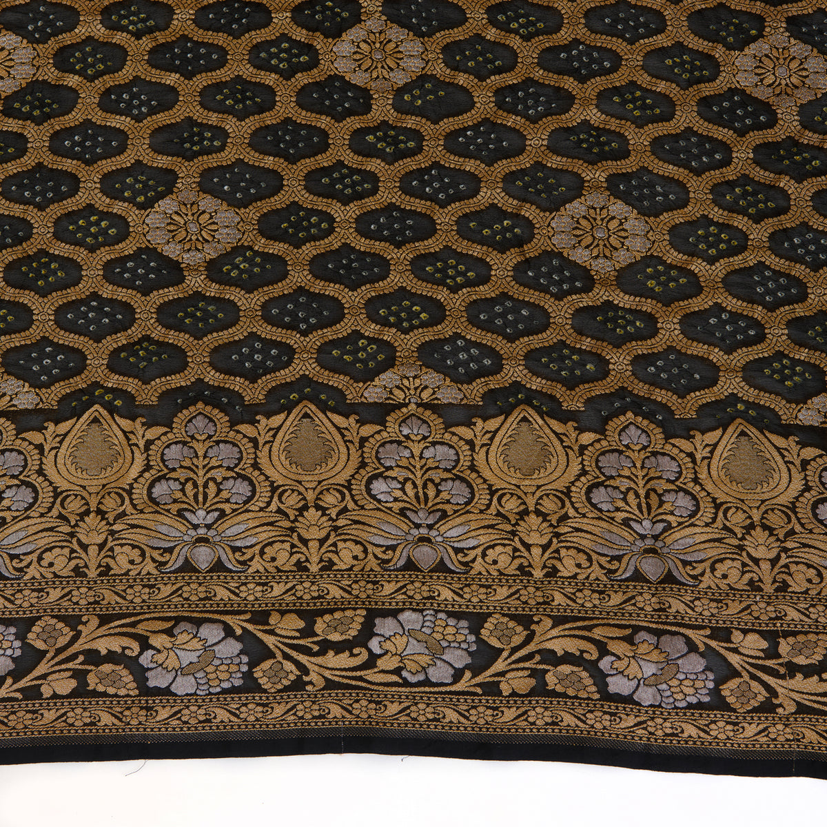Black Georgette Bandhej Hand Woven Gold Geometric Dupatta