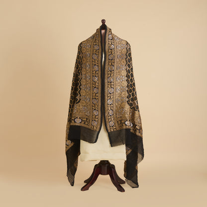 Black Georgette Bandhej Hand Woven Gold Geometric Dupatta