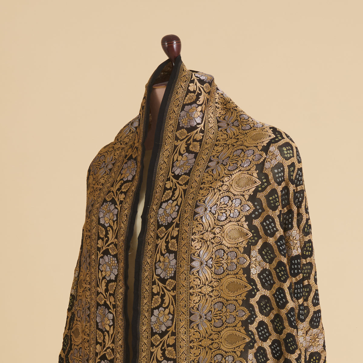 Black Georgette Bandhej Hand Woven Gold Geometric Dupatta