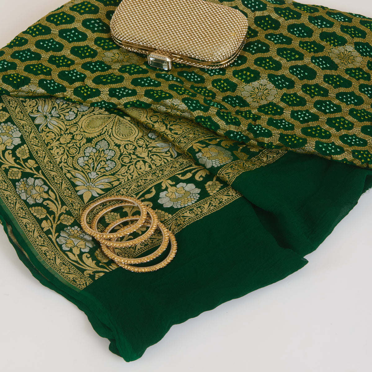 Bottle Green Georgette Bandhej Hand Woven Gold Geometric Dupatta