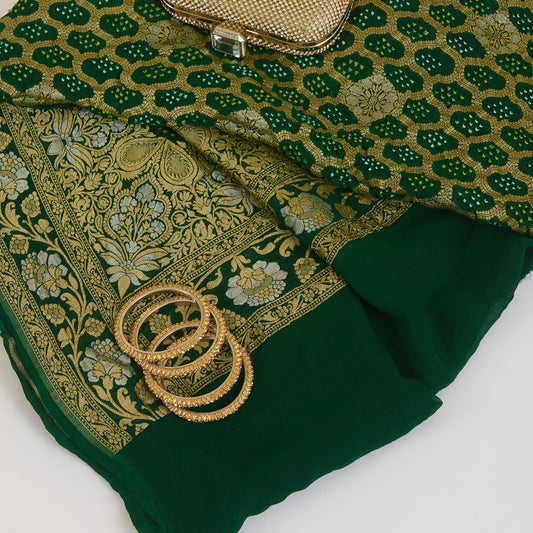 Bottle Green Georgette Bandhej Hand Woven Gold Geometric Dupatta