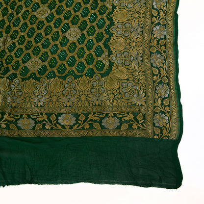 Bottle Green Georgette Bandhej Hand Woven Gold Geometric Dupatta