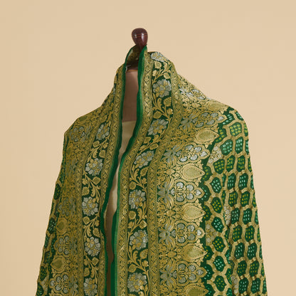 Bottle Green Georgette Bandhej Hand Woven Gold Geometric Dupatta