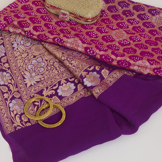 Dark Purple Georgette Bandhej Hand Woven Gold Geometric Dupatta