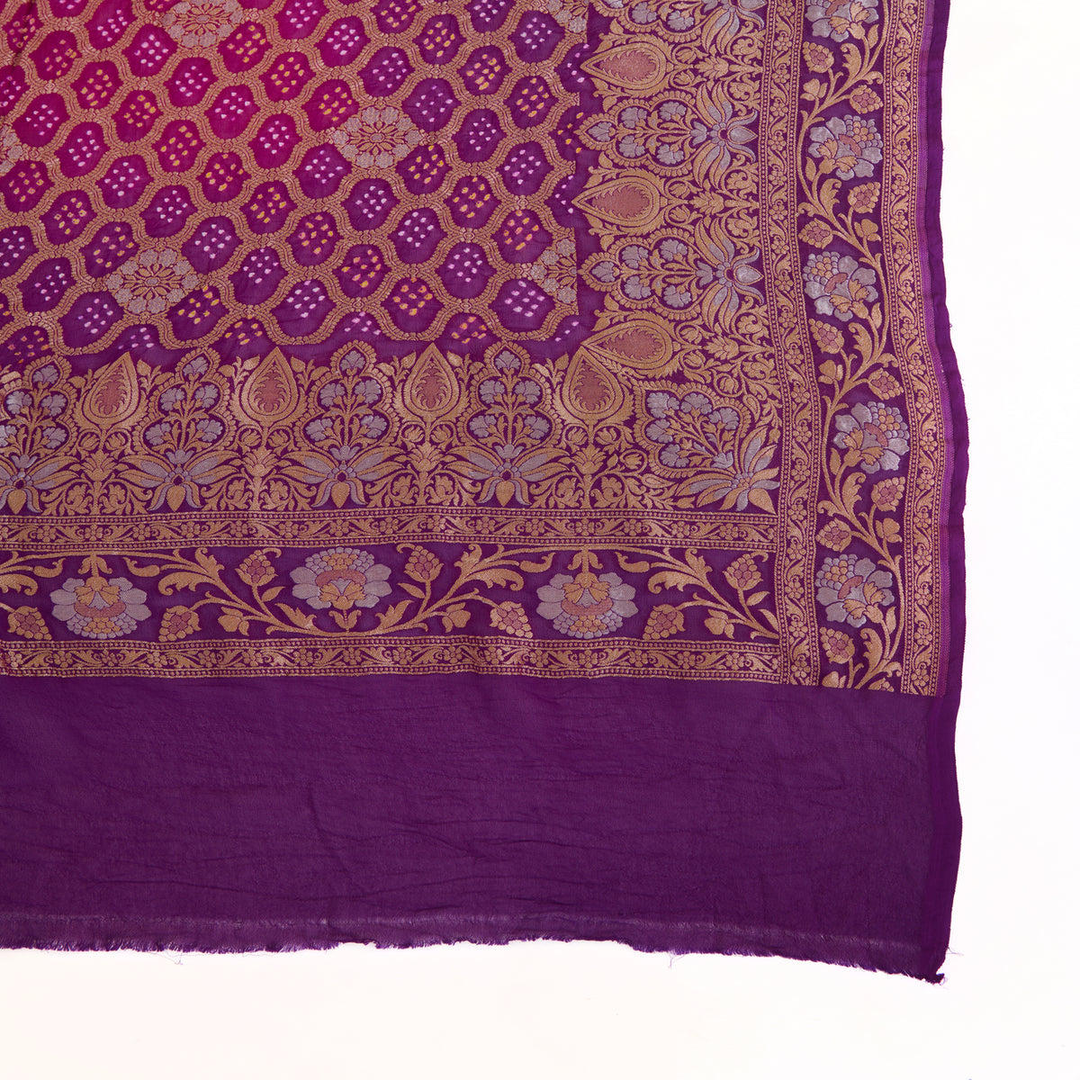Dark Purple Georgette Bandhej Hand Woven Gold Geometric Dupatta