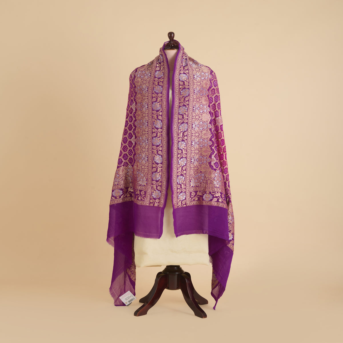Dark Purple Georgette Bandhej Hand Woven Gold Geometric Dupatta