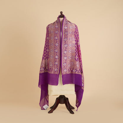 Dark Purple Georgette Bandhej Hand Woven Gold Geometric Dupatta