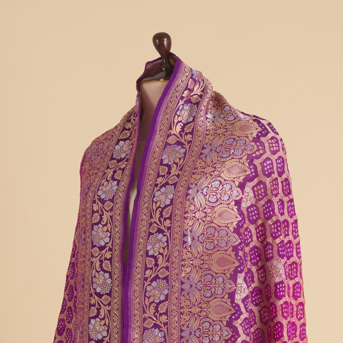 Dark Purple Georgette Bandhej Hand Woven Gold Geometric Dupatta