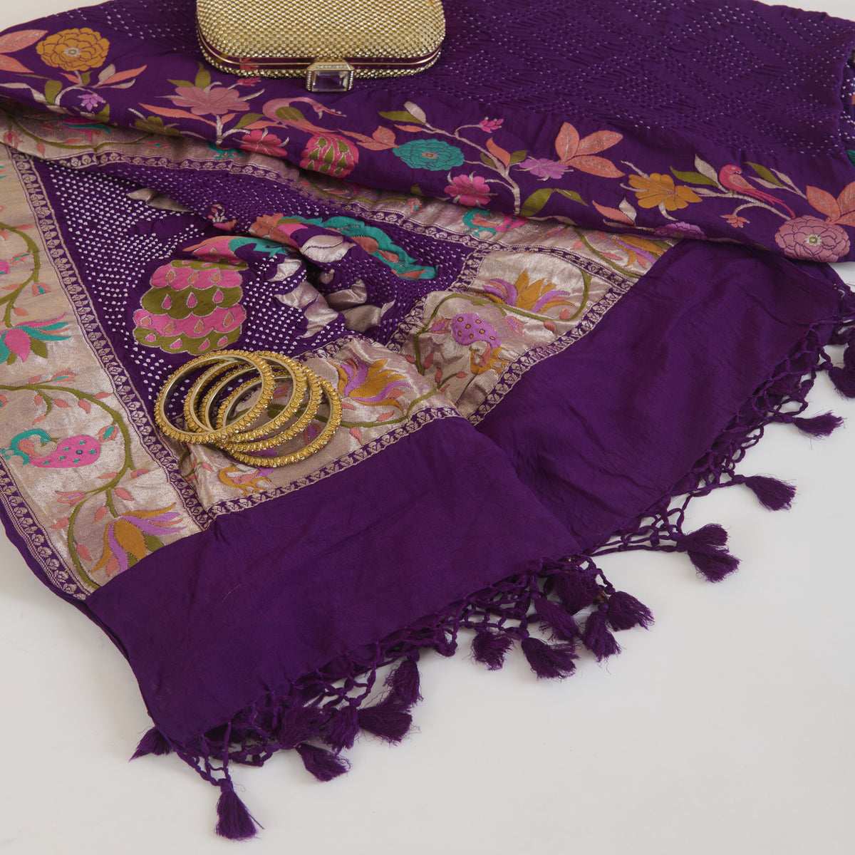 Dark Purple Georgette Bandhej Hand Woven Gold Border Dupatta