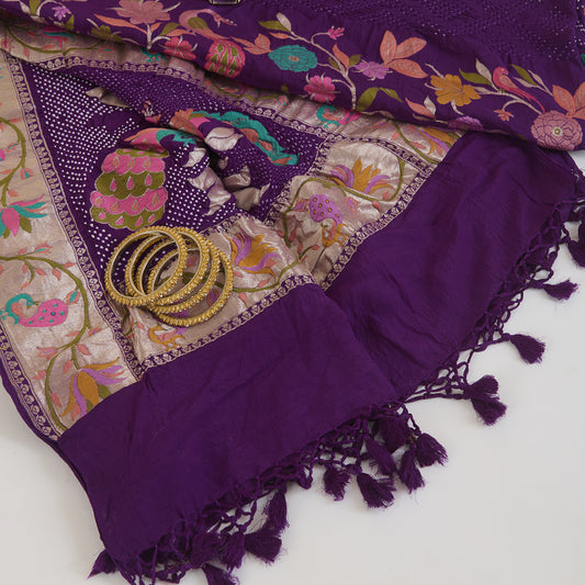 Dark Purple Georgette Bandhej Hand Woven Gold Border Dupatta