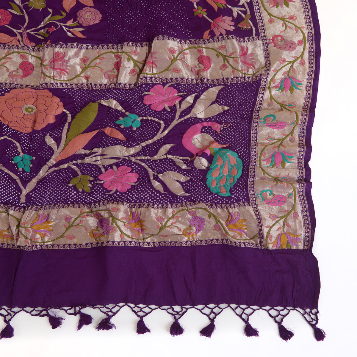 Dark Purple Georgette Bandhej Hand Woven Gold Border Dupatta