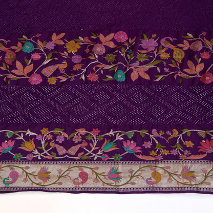 Dark Purple Georgette Bandhej Hand Woven Gold Border Dupatta