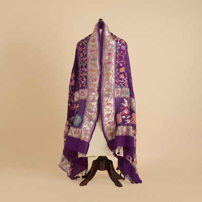 Dark Purple Georgette Bandhej Hand Woven Gold Border Dupatta