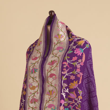 Dark Purple Georgette Bandhej Hand Woven Gold Border Dupatta