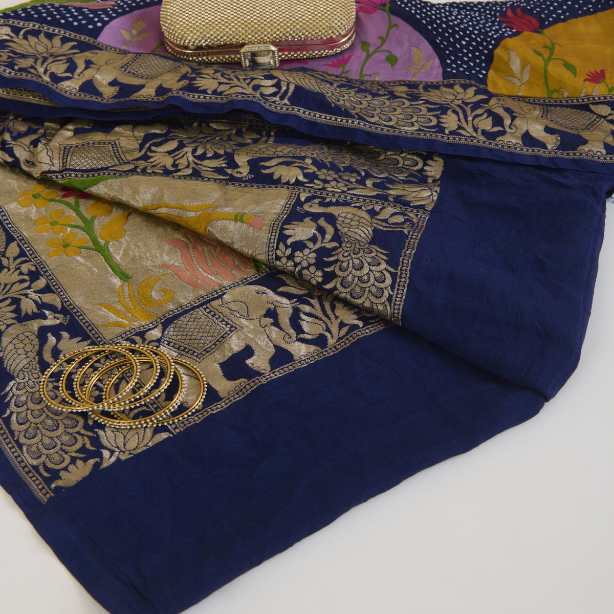 Dark Purple Georgette Bandhej Hand Woven Gold Resham Jaal Dupatta