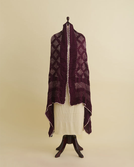 Deep Wine Gaji Silk Bandhej Geometric Dupatta