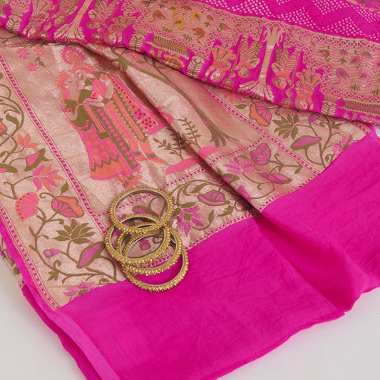 Fuchsia Pink Georgette Bandhej Hand Woven Gold Resham Jaal Dupatta