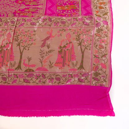 Fuchsia Pink Georgette Bandhej Hand Woven Gold Resham Jaal Dupatta