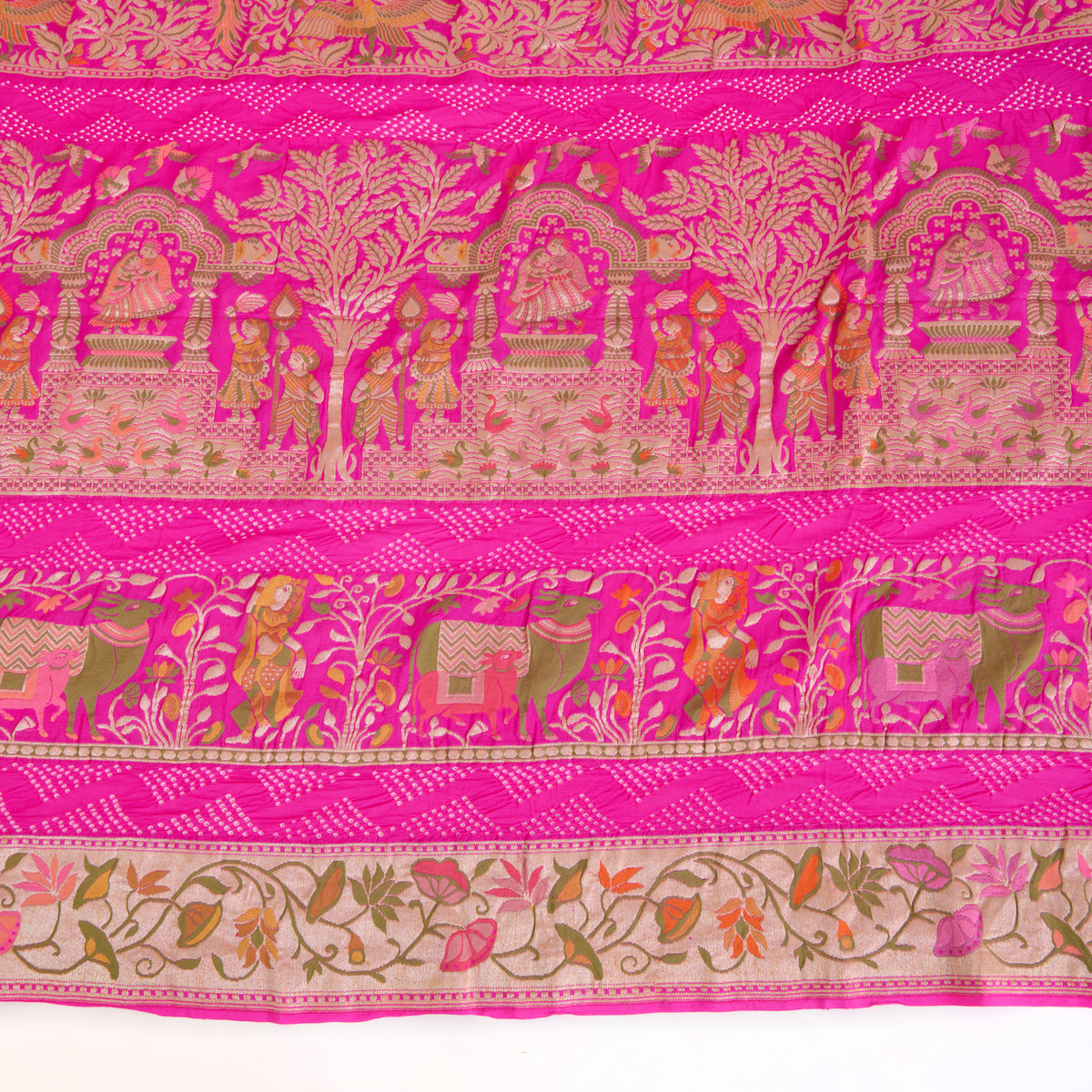 Fuchsia Pink Georgette Bandhej Hand Woven Gold Resham Jaal Dupatta