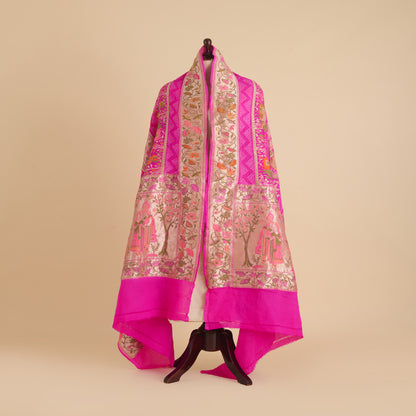 Fuchsia Pink Georgette Bandhej Hand Woven Gold Resham Jaal Dupatta