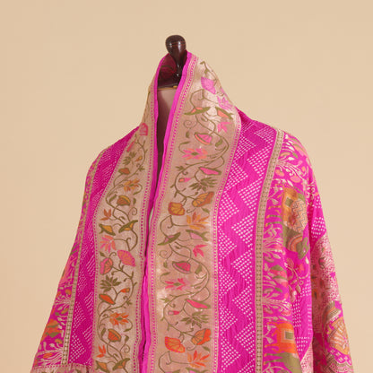 Fuchsia Pink Georgette Bandhej Hand Woven Gold Resham Jaal Dupatta