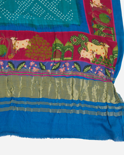 Pink & Rama Gaji Silk Bandhej Dupatta with Pichwai Printed Border