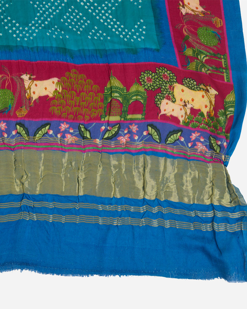 Pink & Rama Gaji Silk Bandhej Dupatta with Pichwai Printed Border