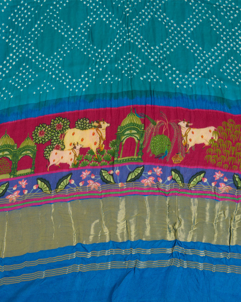 Pink & Rama Gaji Silk Bandhej Dupatta with Pichwai Printed Border