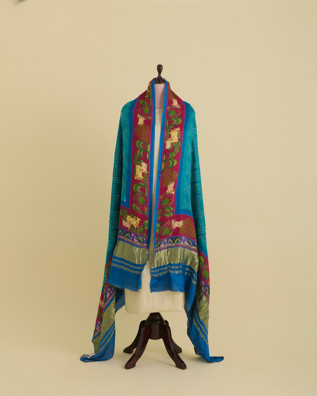 Pink & Rama Gaji Silk Bandhej Dupatta with Pichwai Printed Border