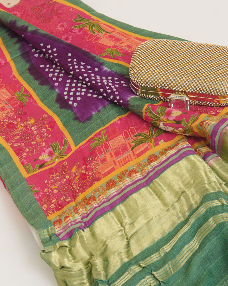 Green & Purple Gaji Silk Bandhej Dupatta with Pichwai Printed Pallu