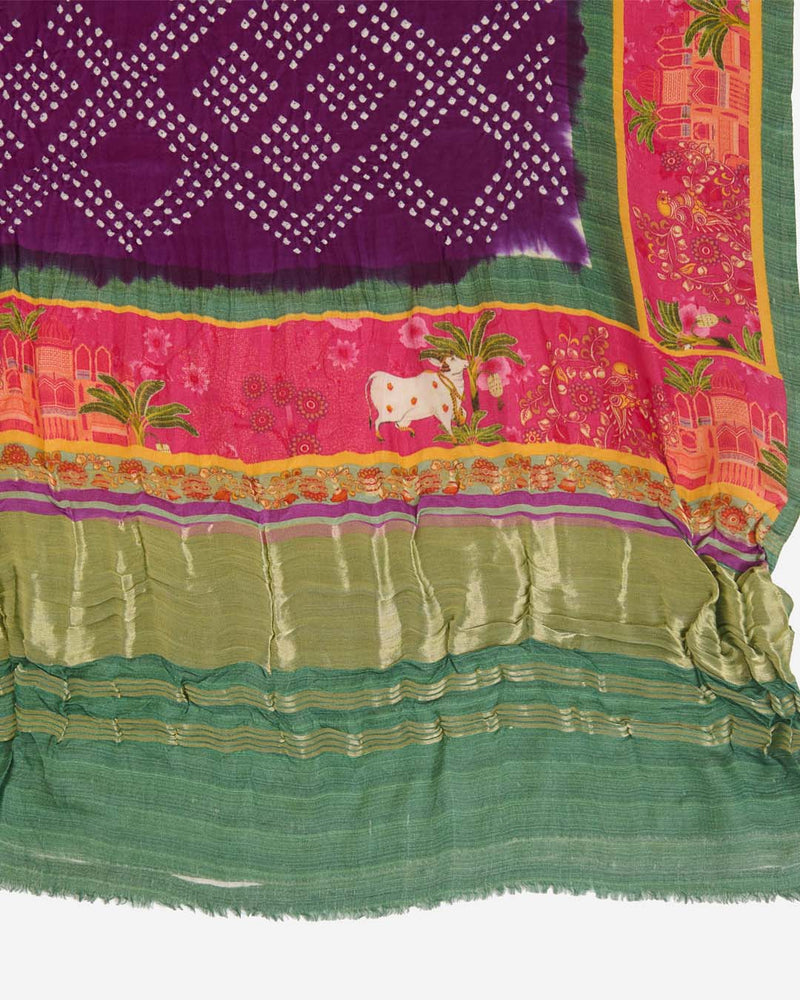 Green & Purple Gaji Silk Bandhej Dupatta with Pichwai Printed Pallu