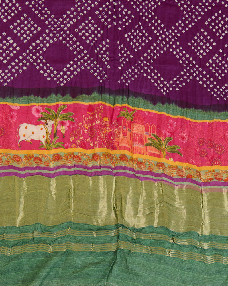 Green & Purple Gaji Silk Bandhej Dupatta with Pichwai Printed Pallu