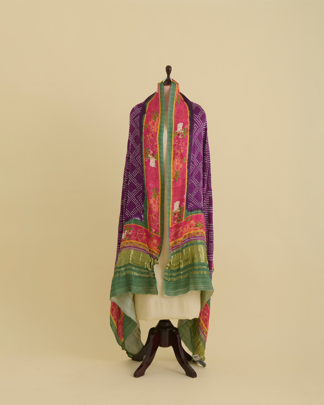 Green & Purple Gaji Silk Bandhej Dupatta with Pichwai Printed Pallu