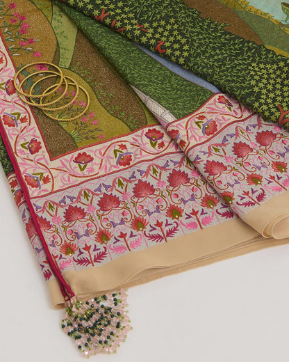 Green Georgette Pure Kashmiri Handwork Embroidery Dupatta