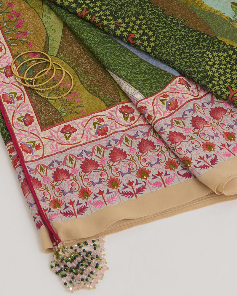 Green Georgette Pure Kashmiri Handwork Embroidery Dupatta