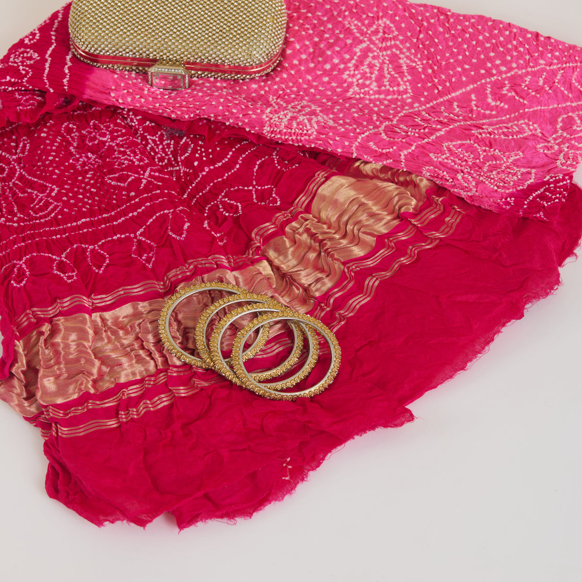 Light Pink Dark Pink Gaji Silk Bandhej Lagdi Patta Pallu Dupatta