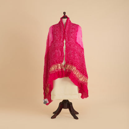 Light Pink Dark Pink Gaji Silk Bandhej Lagdi Patta Pallu Dupatta